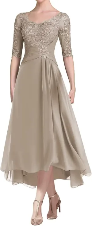 Women's Lace Applique Mother of Bride Dresses Long Half Sleeve Chiffon Formal Party Evening Gowns