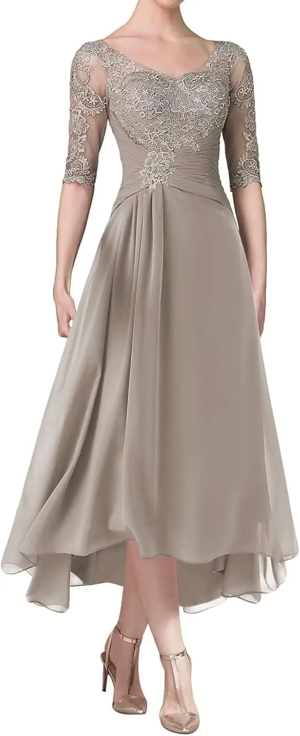 Women's Lace Applique Mother of Bride Dresses Long Half Sleeve Chiffon Formal Party Evening Gowns