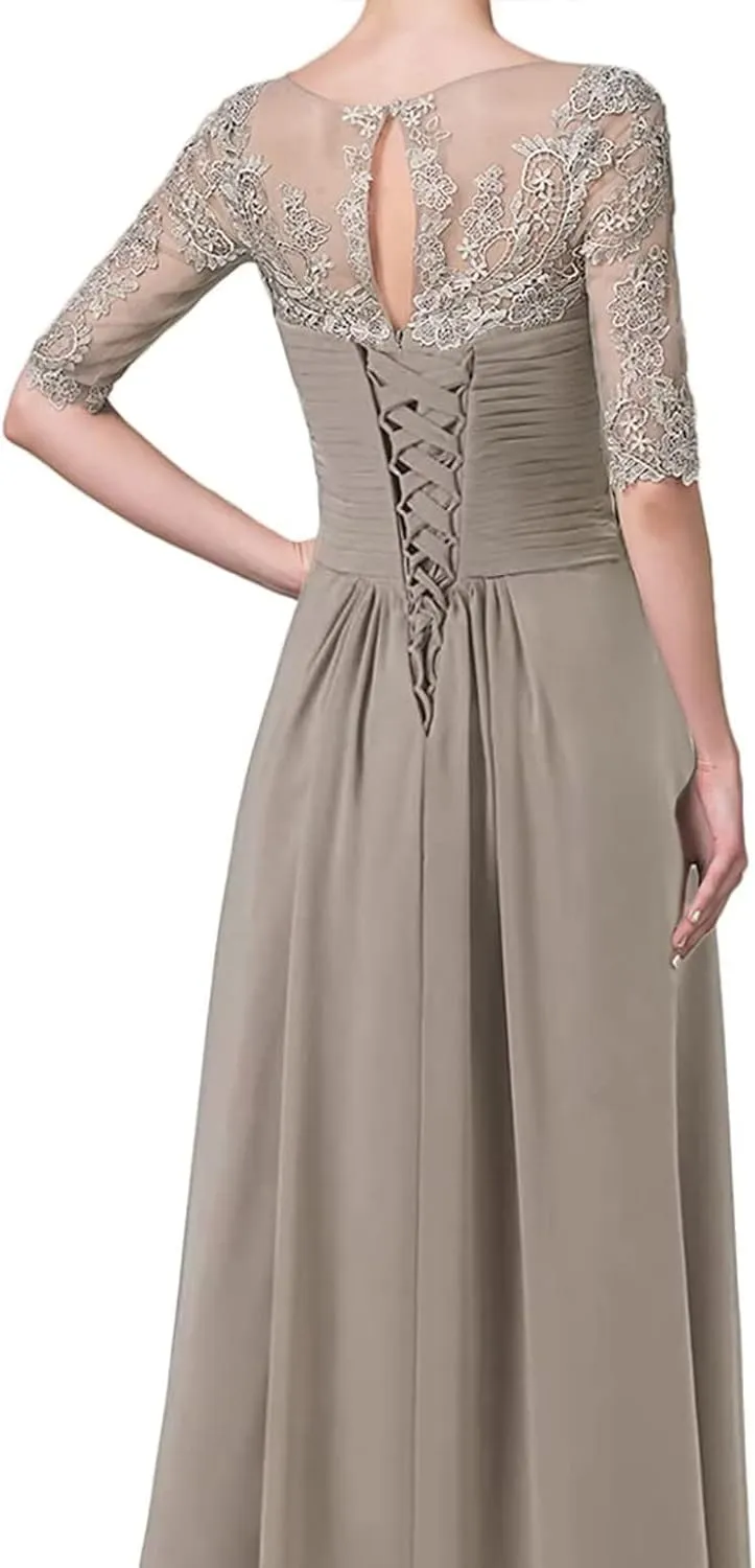 Women's Lace Applique Mother of Bride Dresses Long Half Sleeve Chiffon Formal Party Evening Gowns