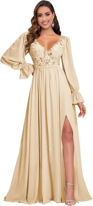 Women's Long Sleeve Bridesmaid Dresses for Women with Slit V Neck Lace Applique Formal Dresses