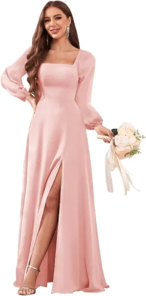 Women's Long Sleeve Bridesmaid Dresses with Slit Chiffon Pleated A Line Formal Evening Dresses