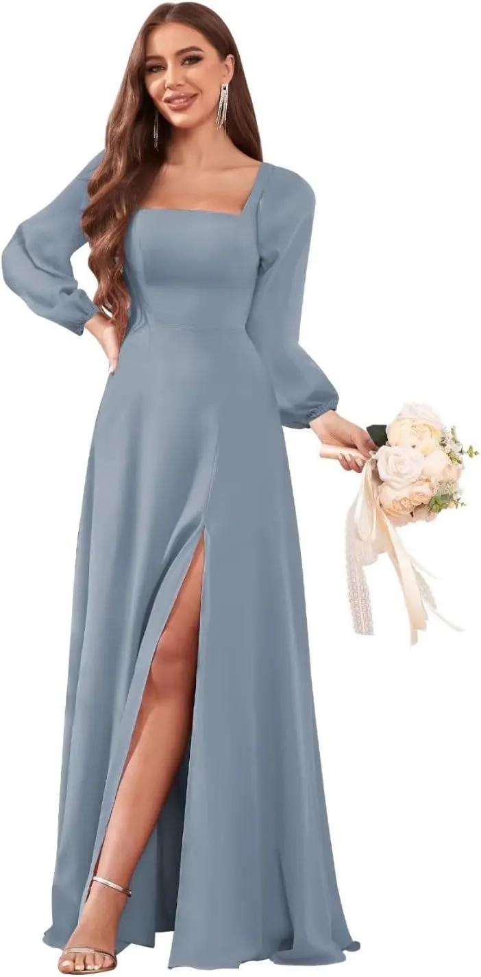 Women's Long Sleeve Bridesmaid Dresses with Slit Chiffon Pleated A Line Formal Evening Dresses