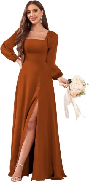 Women's Long Sleeve Bridesmaid Dresses with Slit Chiffon Pleated A Line Formal Evening Dresses