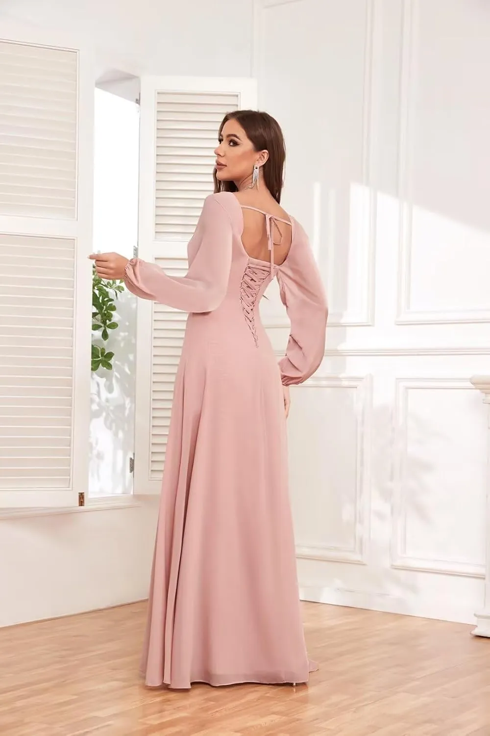 Women's Long Sleeve Bridesmaid Dresses with Slit Chiffon Pleated A Line Formal Evening Dresses
