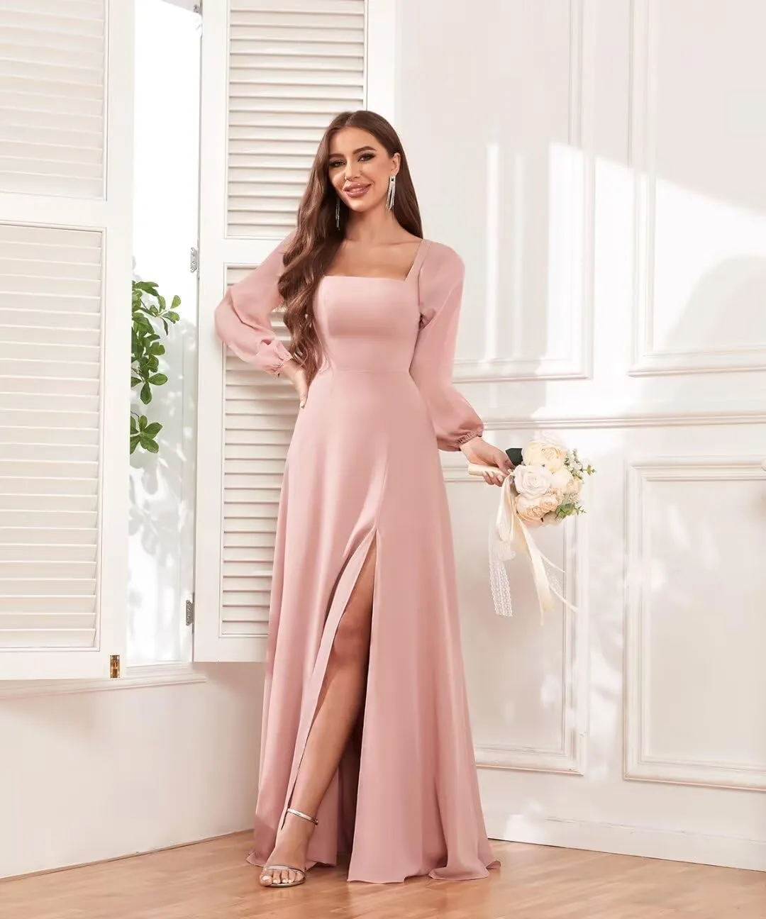Women's Long Sleeve Bridesmaid Dresses with Slit Chiffon Pleated A Line Formal Evening Dresses