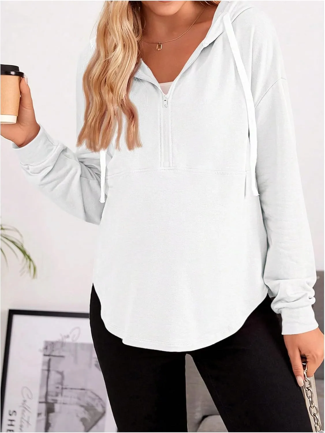 Women's Maternity Half Zip Sweatshirts Long Sleeve Drop Shoulder Drawstring Hoodie