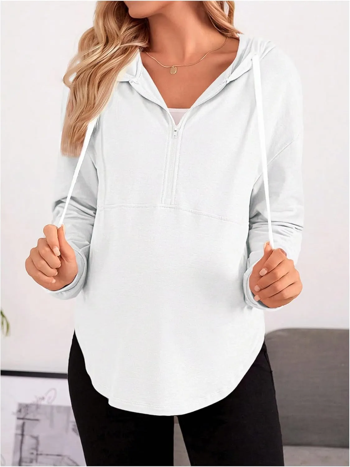Women's Maternity Half Zip Sweatshirts Long Sleeve Drop Shoulder Drawstring Hoodie