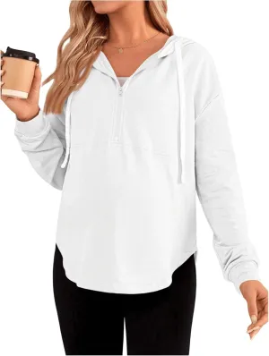 Women's Maternity Half Zip Sweatshirts Long Sleeve Drop Shoulder Drawstring Hoodie