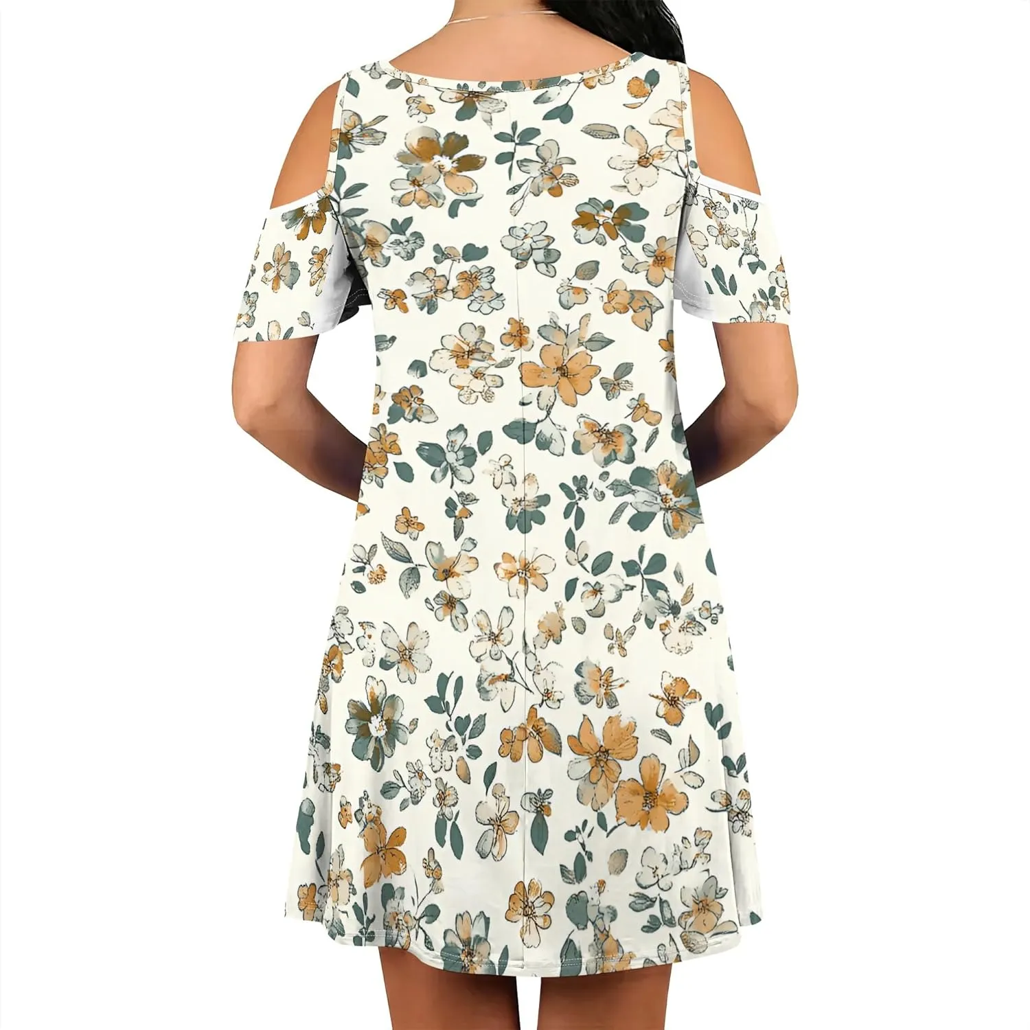Women's Off Shoulder Dress Floral Print Short Sleeve Sundress Casual Flowy A-Line Mini Dress Beach Party Short Skirt