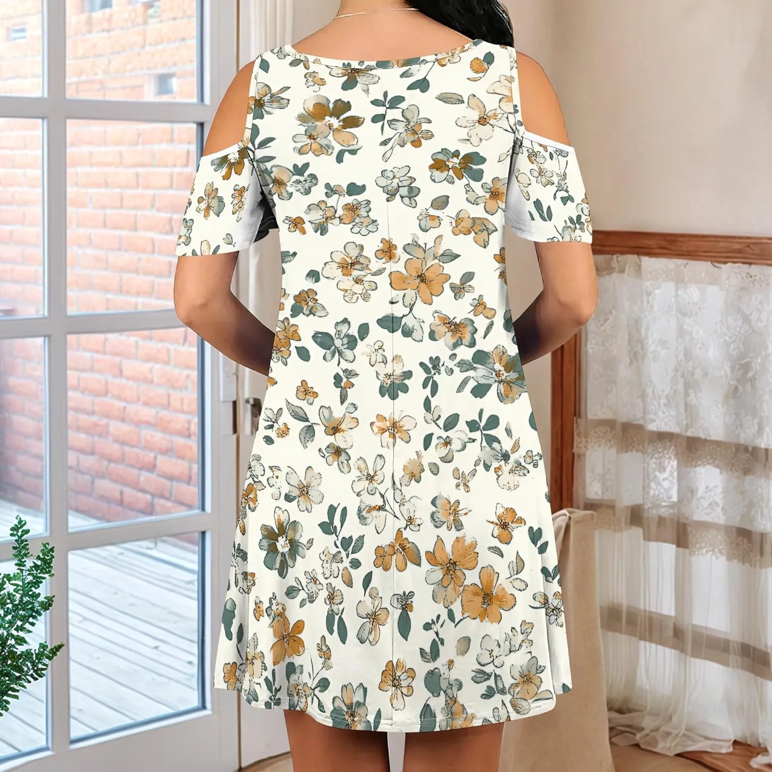 Women's Off Shoulder Dress Floral Print Short Sleeve Sundress Casual Flowy A-Line Mini Dress Beach Party Short Skirt