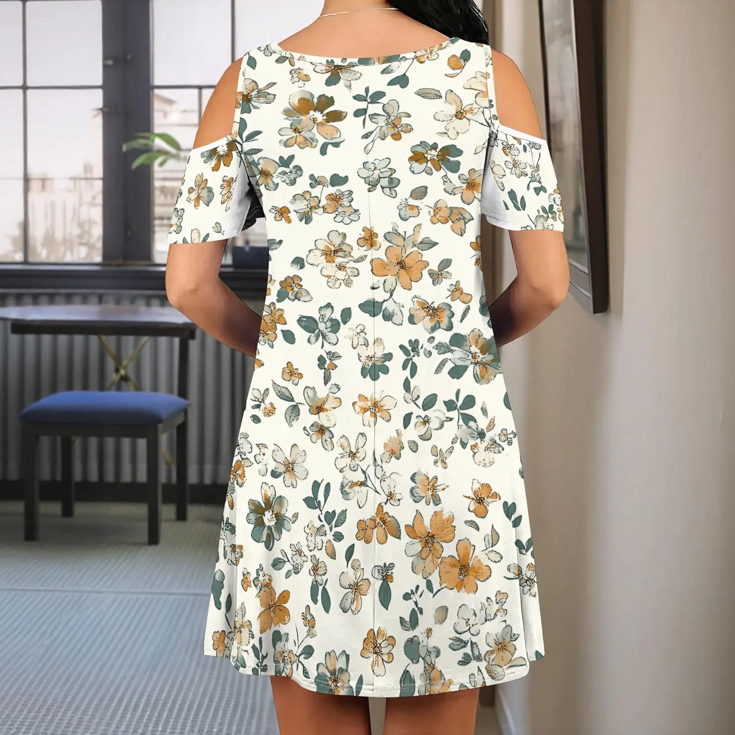 Women's Off Shoulder Dress Floral Print Short Sleeve Sundress Casual Flowy A-Line Mini Dress Beach Party Short Skirt