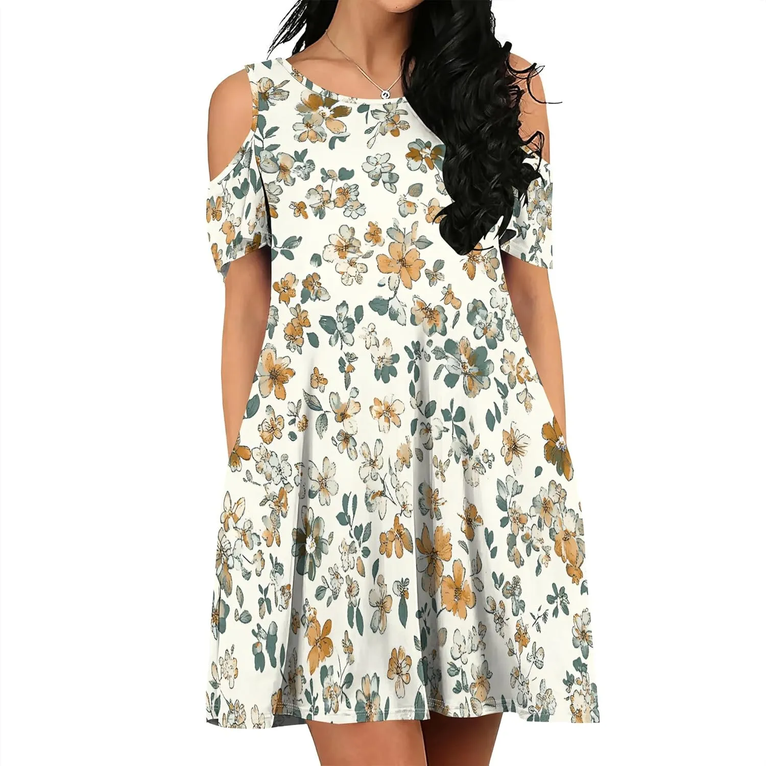 Women's Off Shoulder Dress Floral Print Short Sleeve Sundress Casual Flowy A-Line Mini Dress Beach Party Short Skirt