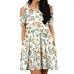 Women's Off Shoulder Dress Floral Print Short Sleeve Sundress Casual Flowy A-Line Mini Dress Beach Party Short Skirt