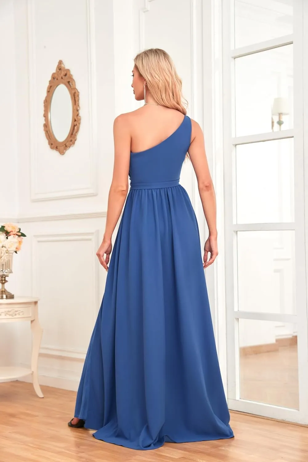 Women's One Shoulder Bridesmaid Dresses Chiffon Prom Dresses Long A Line Formal Party Dress with Slit UU38