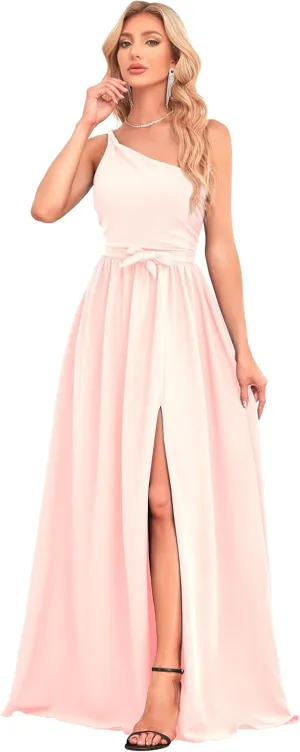 Women's One Shoulder Bridesmaid Dresses Chiffon Prom Dresses Long A Line Formal Party Dress with Slit UU38