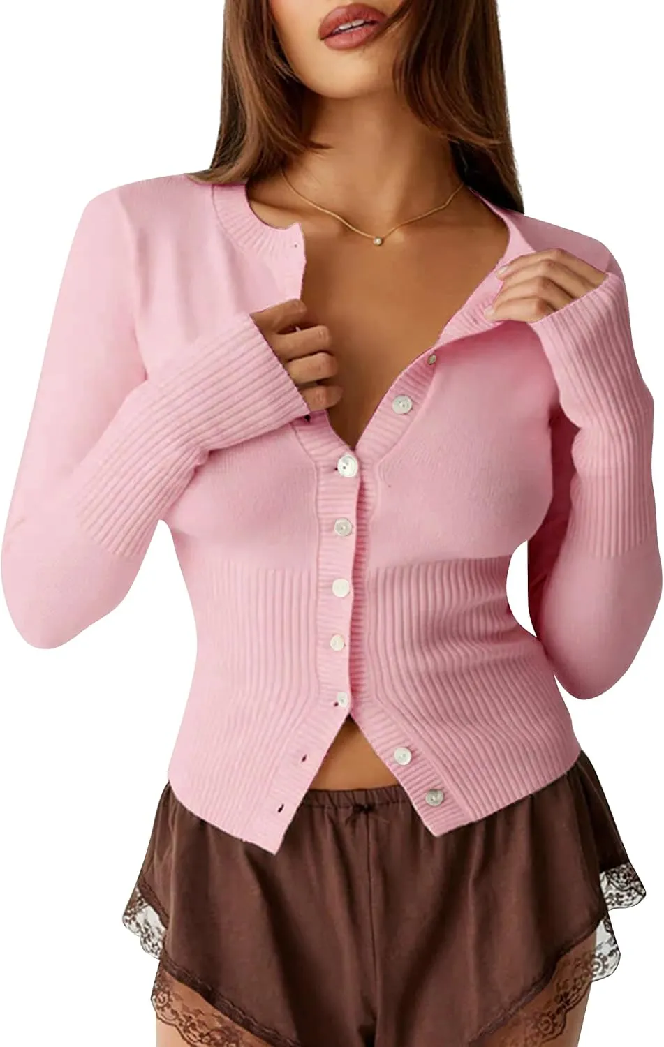 Womens Open Front Button Up Cropped Cardigan Ribbed Knit Long Sleeve Shirt Casual Solid Crop Top Cardigan Sweater
