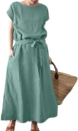 Womens Plus Size Cotton Linen Dresses with Pockets, Short Sleeve Casual Summer Baggy Loose Maxi Long Dress with Belt