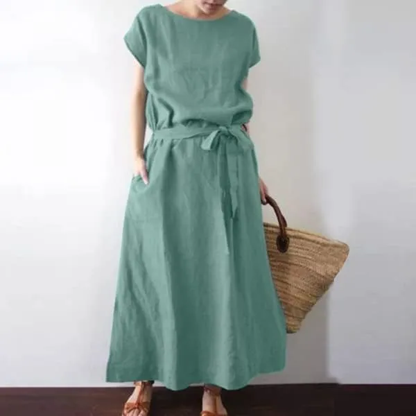 Womens Plus Size Cotton Linen Dresses with Pockets, Short Sleeve Casual Summer Baggy Loose Maxi Long Dress with Belt