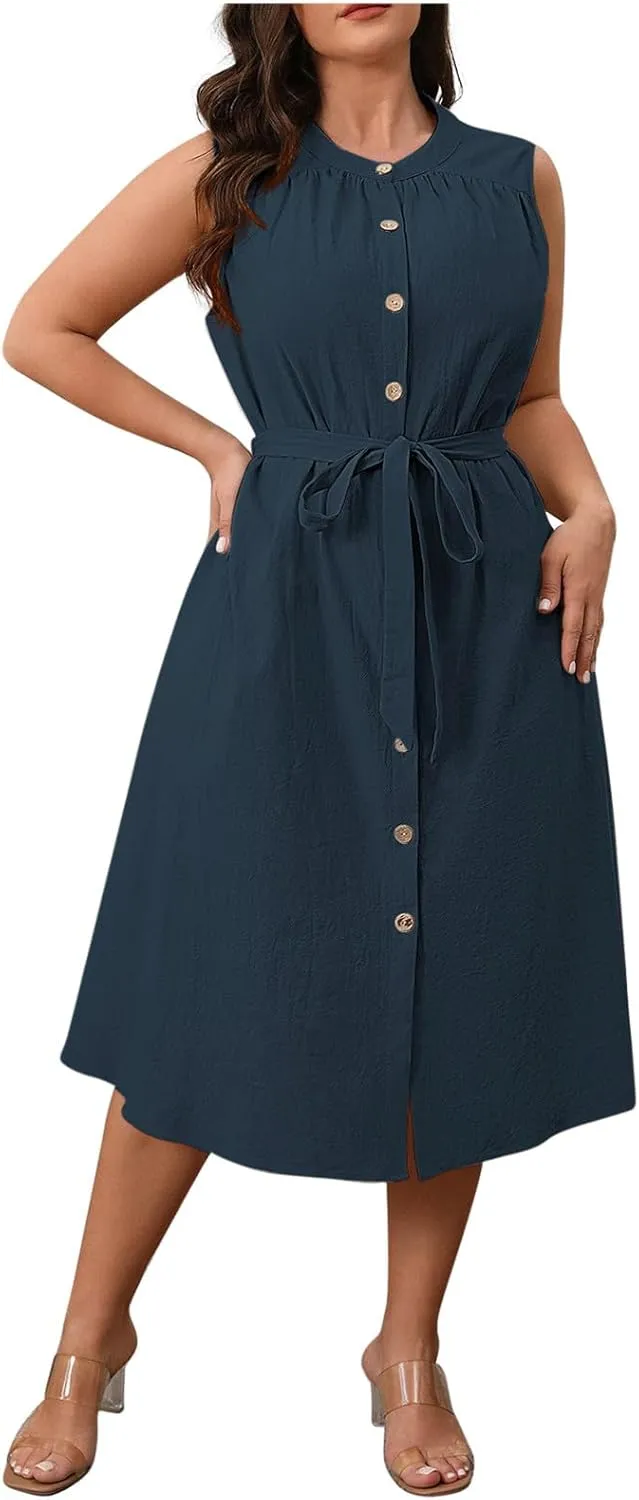 Women's Plus Size High Waist Business Casual Midi Dress, Sleeveless Crewneck Button Down Office Clothes with Belted