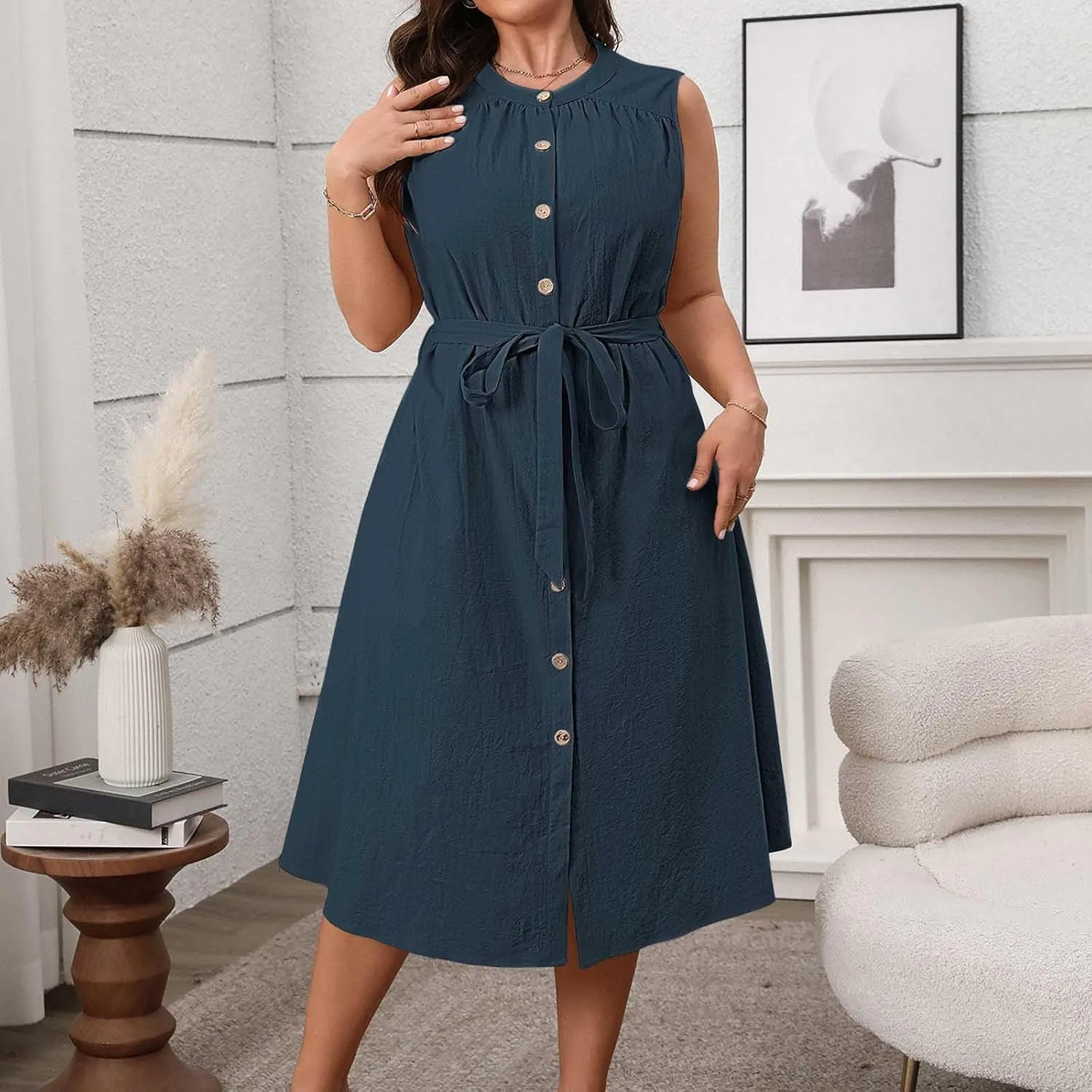 Women's Plus Size High Waist Business Casual Midi Dress, Sleeveless Crewneck Button Down Office Clothes with Belted