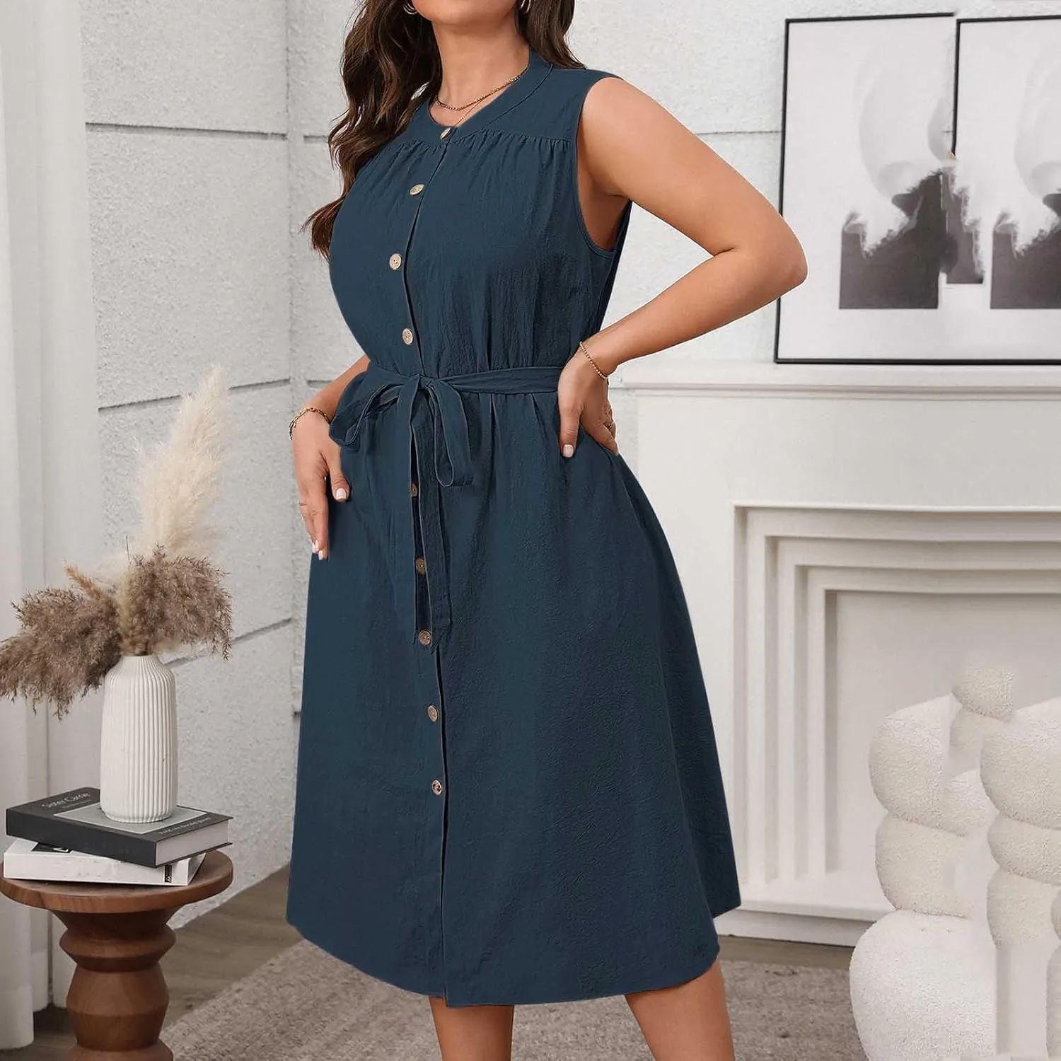 Women's Plus Size High Waist Business Casual Midi Dress, Sleeveless Crewneck Button Down Office Clothes with Belted