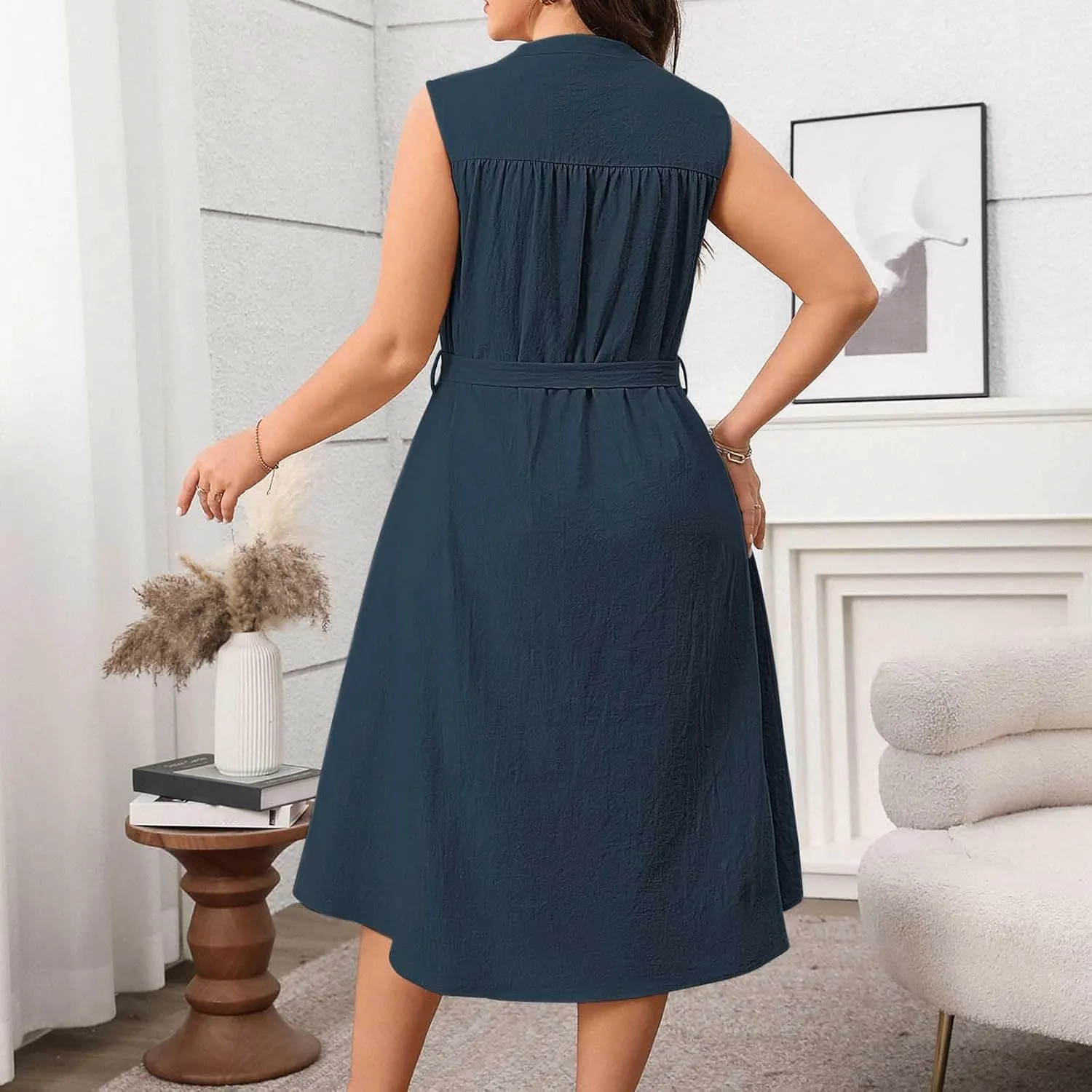 Women's Plus Size High Waist Business Casual Midi Dress, Sleeveless Crewneck Button Down Office Clothes with Belted