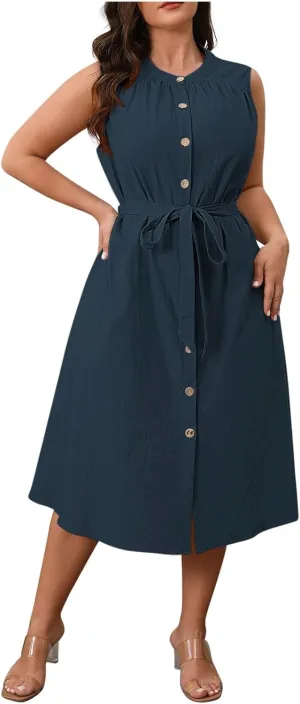Women's Plus Size High Waist Business Casual Midi Dress, Sleeveless Crewneck Button Down Office Clothes with Belted