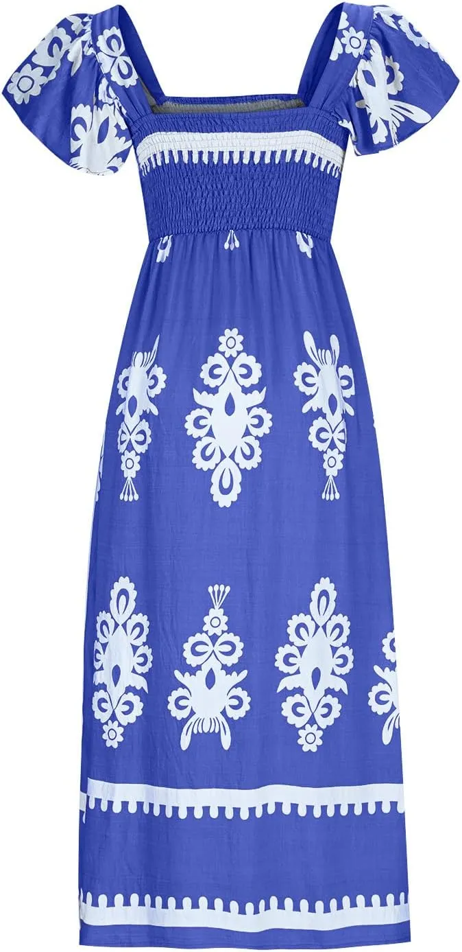 Women's Retro Floral Dress Fashion Ruffle Sleeve Smocked Long Dress 2025 Summer Beach Vacation Flowy Maxi Dresses