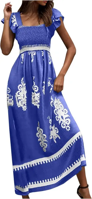 Women's Retro Floral Dress Fashion Ruffle Sleeve Smocked Long Dress 2025 Summer Beach Vacation Flowy Maxi Dresses