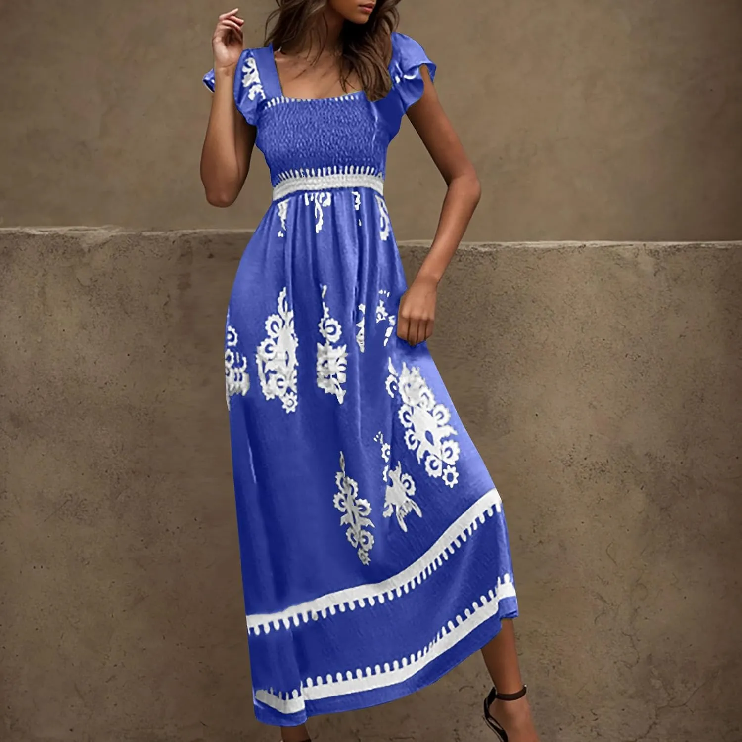 Women's Retro Floral Dress Fashion Ruffle Sleeve Smocked Long Dress 2025 Summer Beach Vacation Flowy Maxi Dresses