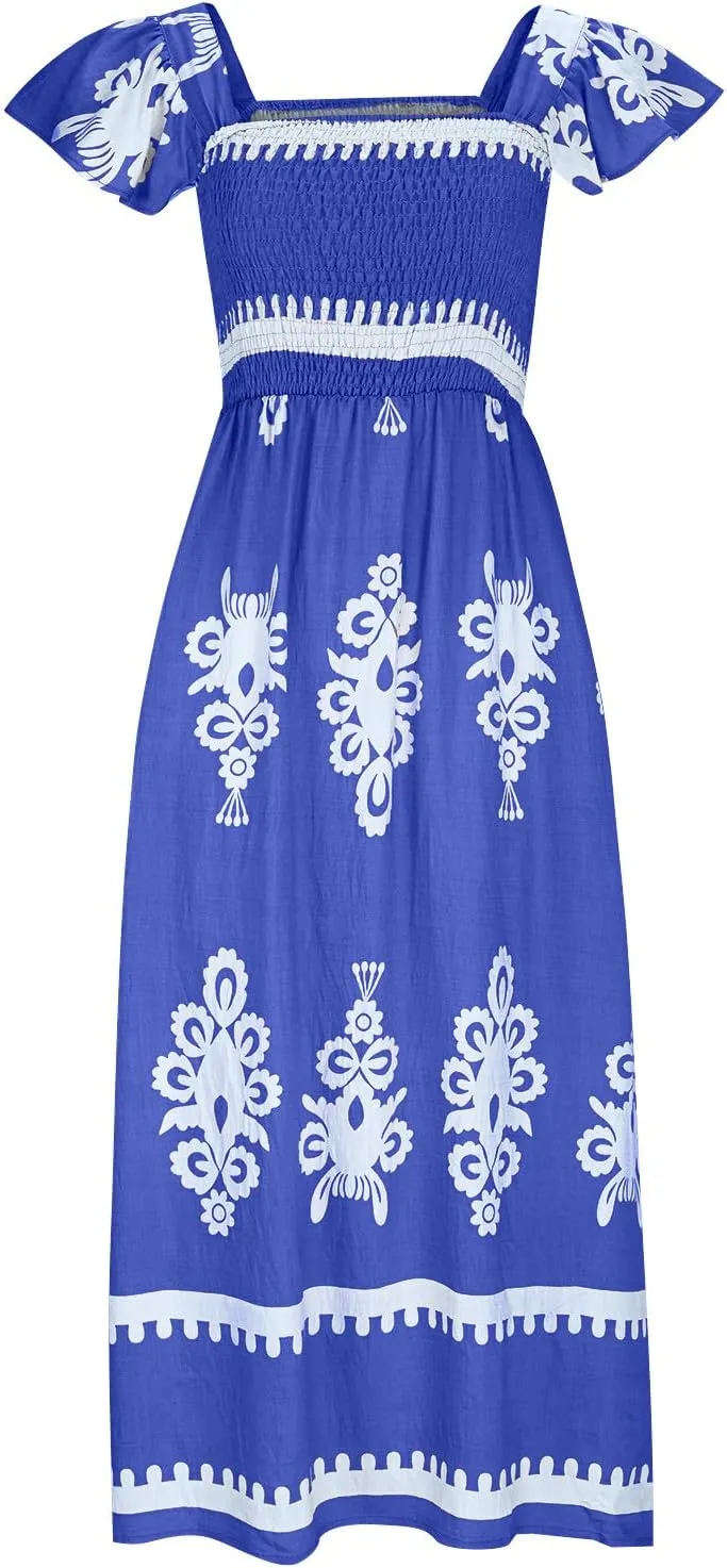 Women's Retro Floral Dress Fashion Ruffle Sleeve Smocked Long Dress 2025 Summer Beach Vacation Flowy Maxi Dresses