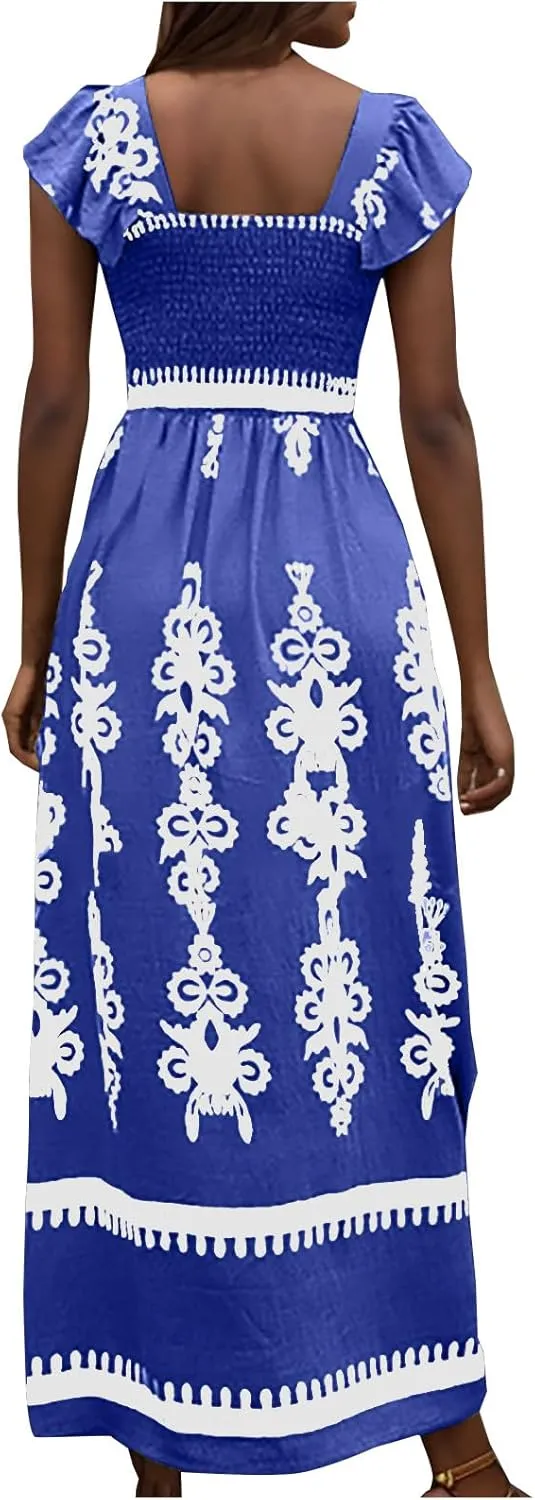 Women's Retro Floral Dress Fashion Ruffle Sleeve Smocked Long Dress 2025 Summer Beach Vacation Flowy Maxi Dresses