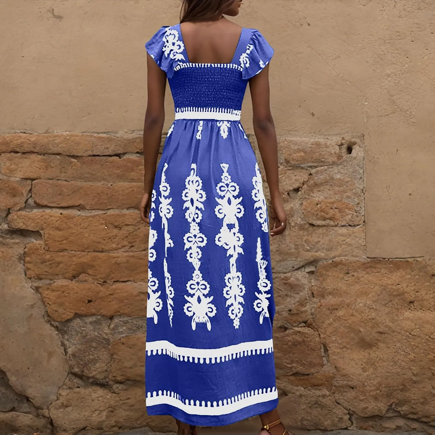 Women's Retro Floral Dress Fashion Ruffle Sleeve Smocked Long Dress 2025 Summer Beach Vacation Flowy Maxi Dresses