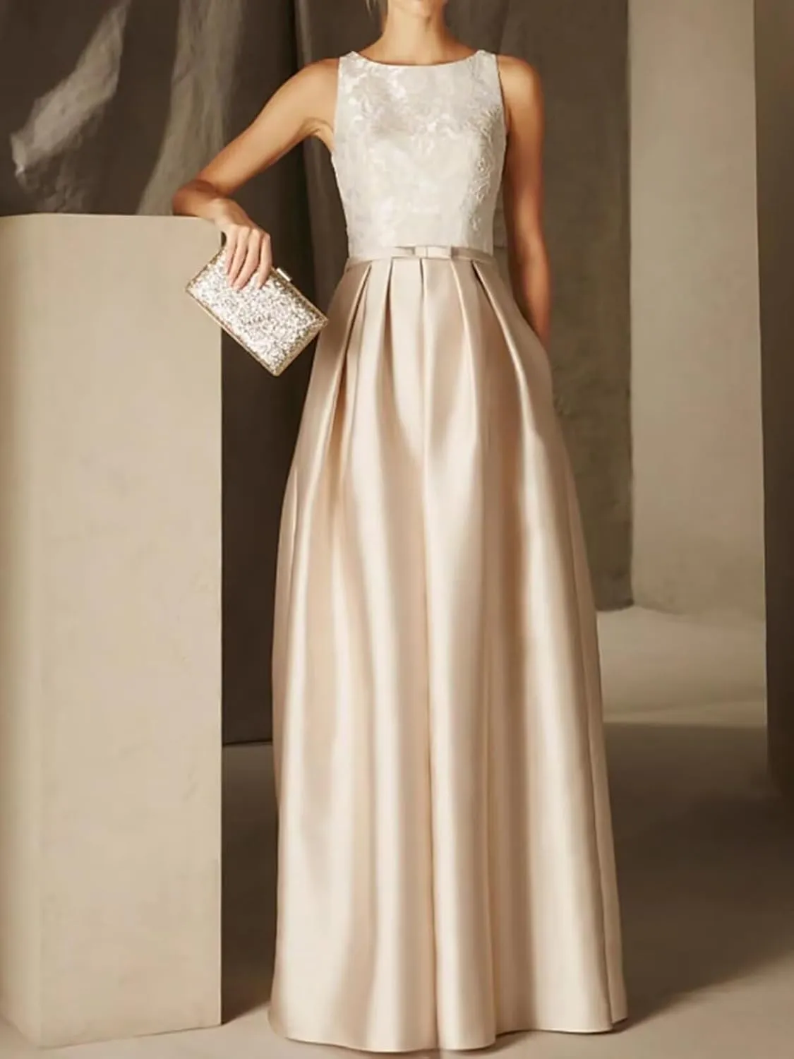 Womens Satin Elegant Evening Dresses with Pocket Crew Neck Long Prom Gwon A Line Wedding Guest Dress