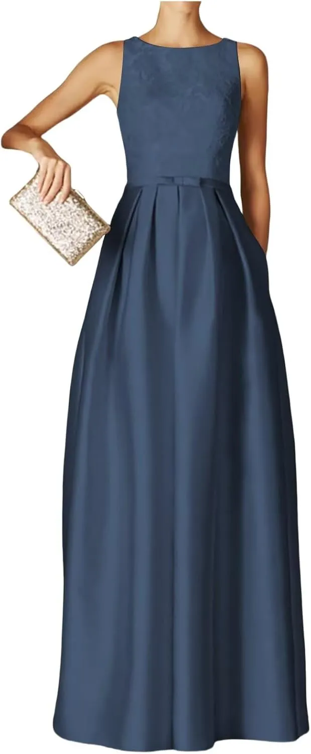 Womens Satin Elegant Evening Dresses with Pocket Crew Neck Long Prom Gwon A Line Wedding Guest Dress