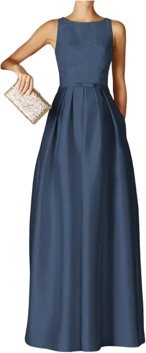 Womens Satin Elegant Evening Dresses with Pocket Crew Neck Long Prom Gwon A Line Wedding Guest Dress