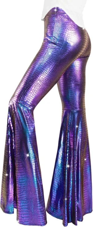 Womens Sequin Flare Pant Sparkly High Waisted Leg Bell Bottom Glitter Trousers Night Out Clubwear