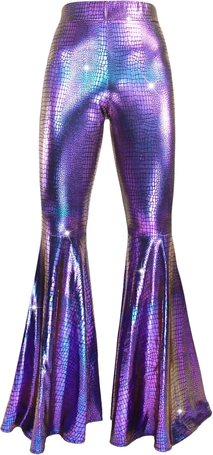 Womens Sequin Flare Pant Sparkly High Waisted Leg Bell Bottom Glitter Trousers Night Out Clubwear