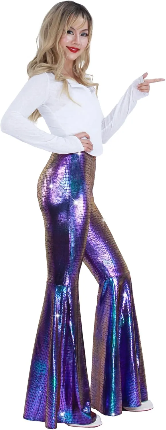 Womens Sequin Flare Pant Sparkly High Waisted Leg Bell Bottom Glitter Trousers Night Out Clubwear