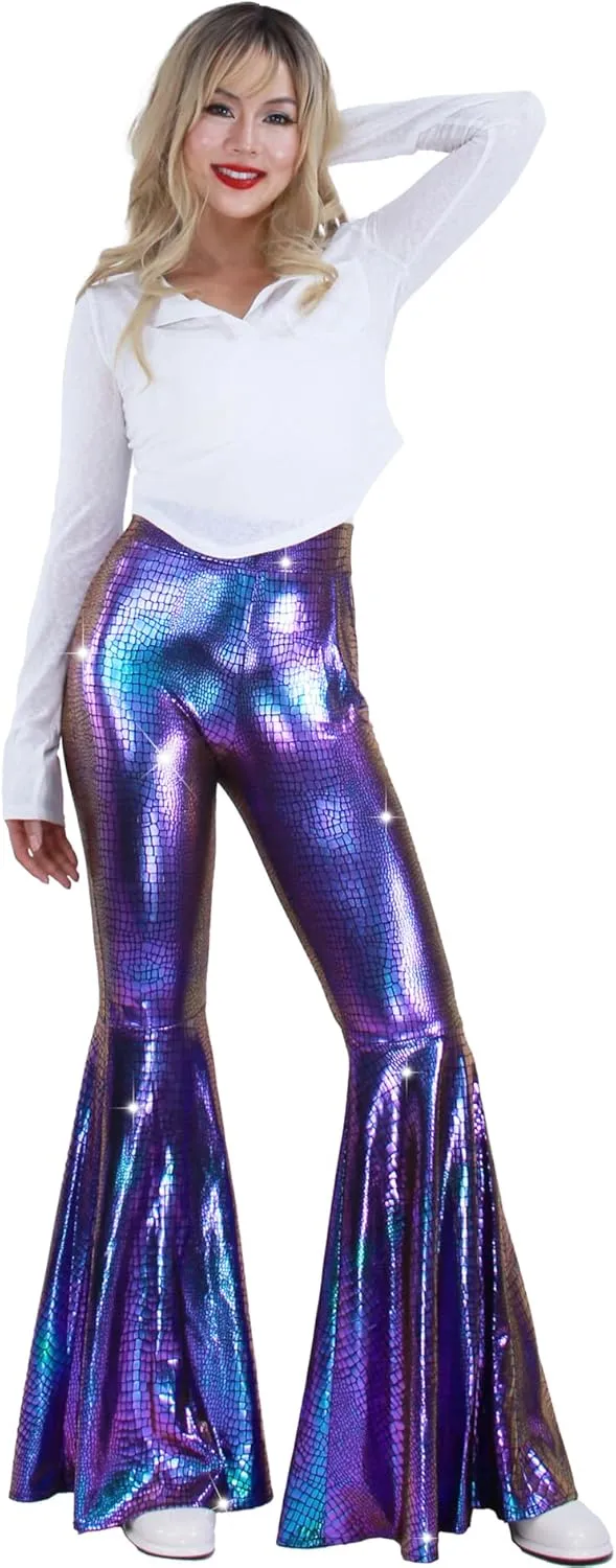 Womens Sequin Flare Pant Sparkly High Waisted Leg Bell Bottom Glitter Trousers Night Out Clubwear