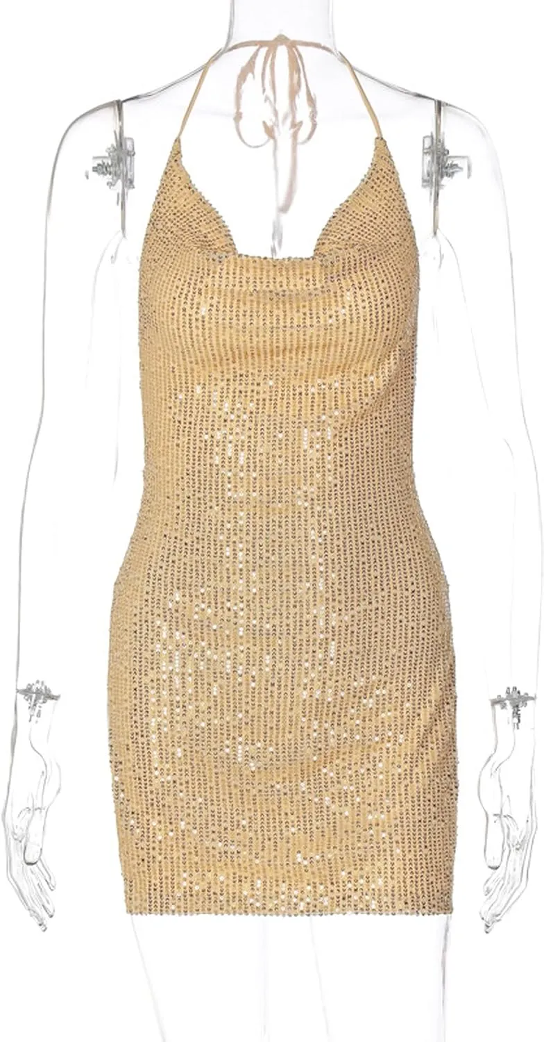 Women's Sequin Halter Bodycon Mini Dress Split Hem Backless Cowl Neck Sexy Short Dress Open Back Cocktail Party Dresses
