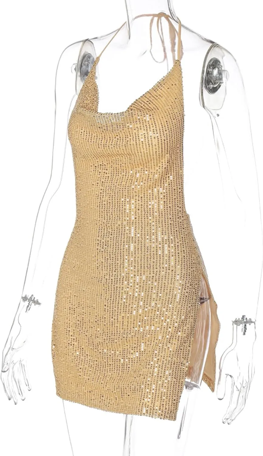 Women's Sequin Halter Bodycon Mini Dress Split Hem Backless Cowl Neck Sexy Short Dress Open Back Cocktail Party Dresses