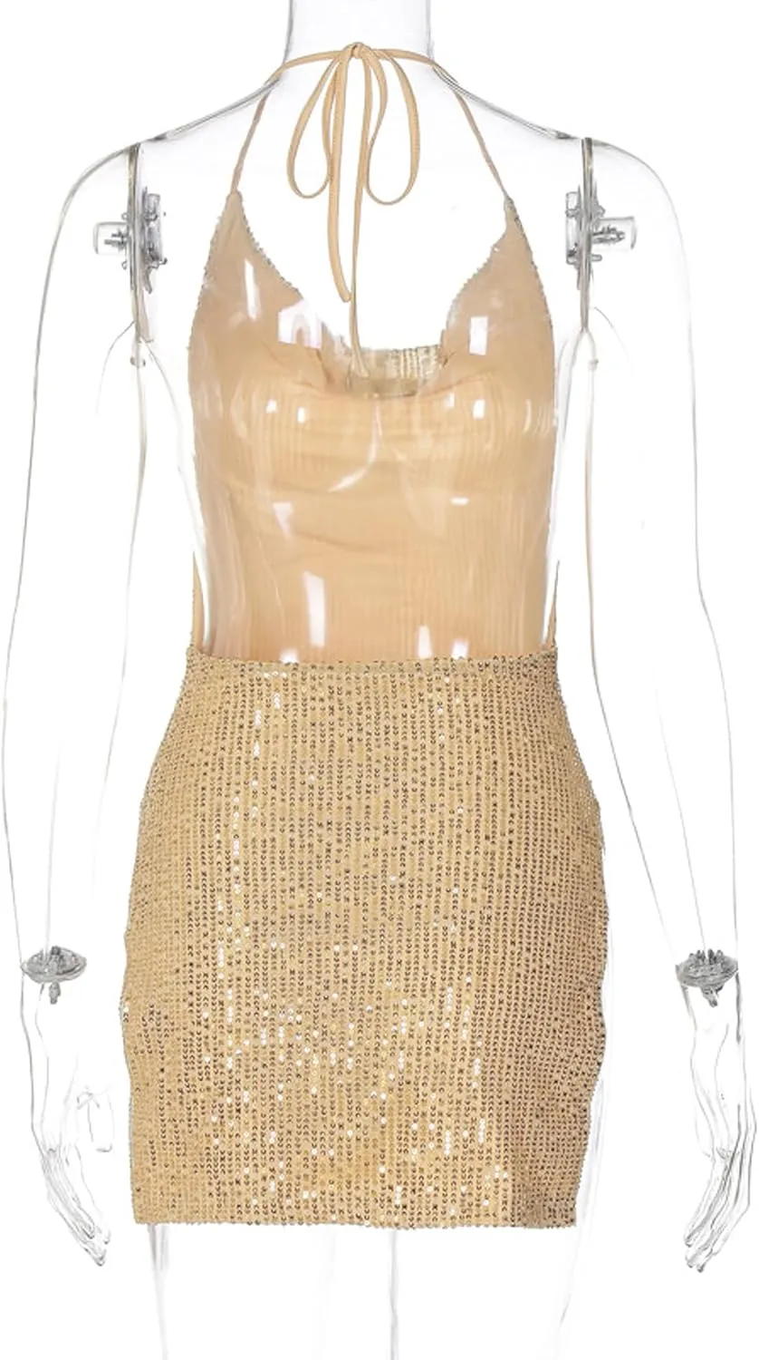 Women's Sequin Halter Bodycon Mini Dress Split Hem Backless Cowl Neck Sexy Short Dress Open Back Cocktail Party Dresses