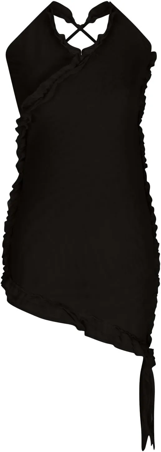 Women's Sexy Club Dress Halter Deep V-Neck Sleeveless Ruffle Trim Stretch Bodycon Dress Irregular Hem Mini Dresses