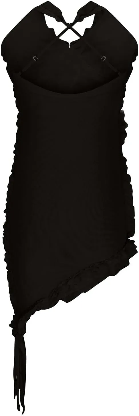 Women's Sexy Club Dress Halter Deep V-Neck Sleeveless Ruffle Trim Stretch Bodycon Dress Irregular Hem Mini Dresses