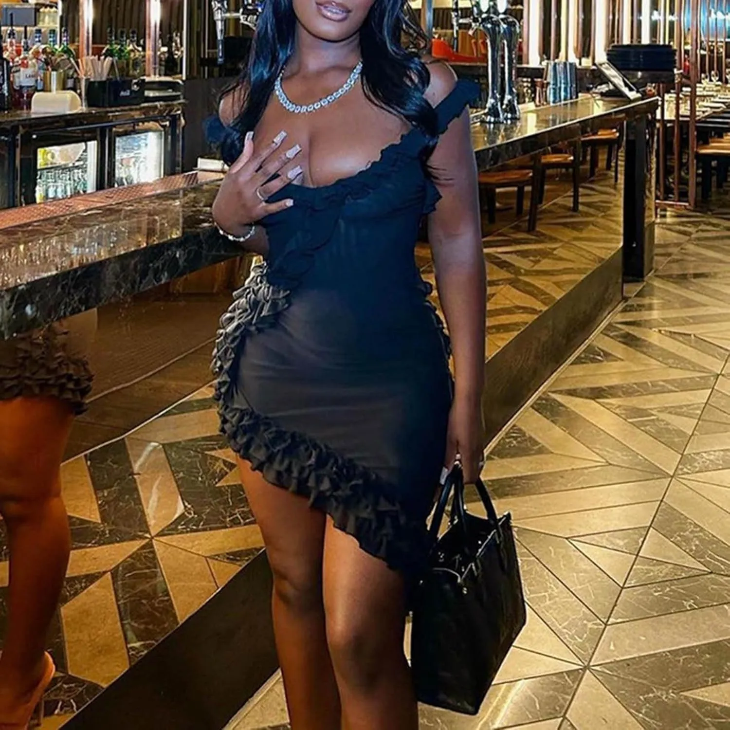 Women's Sexy Club Dress Halter Deep V-Neck Sleeveless Ruffle Trim Stretch Bodycon Dress Irregular Hem Mini Dresses