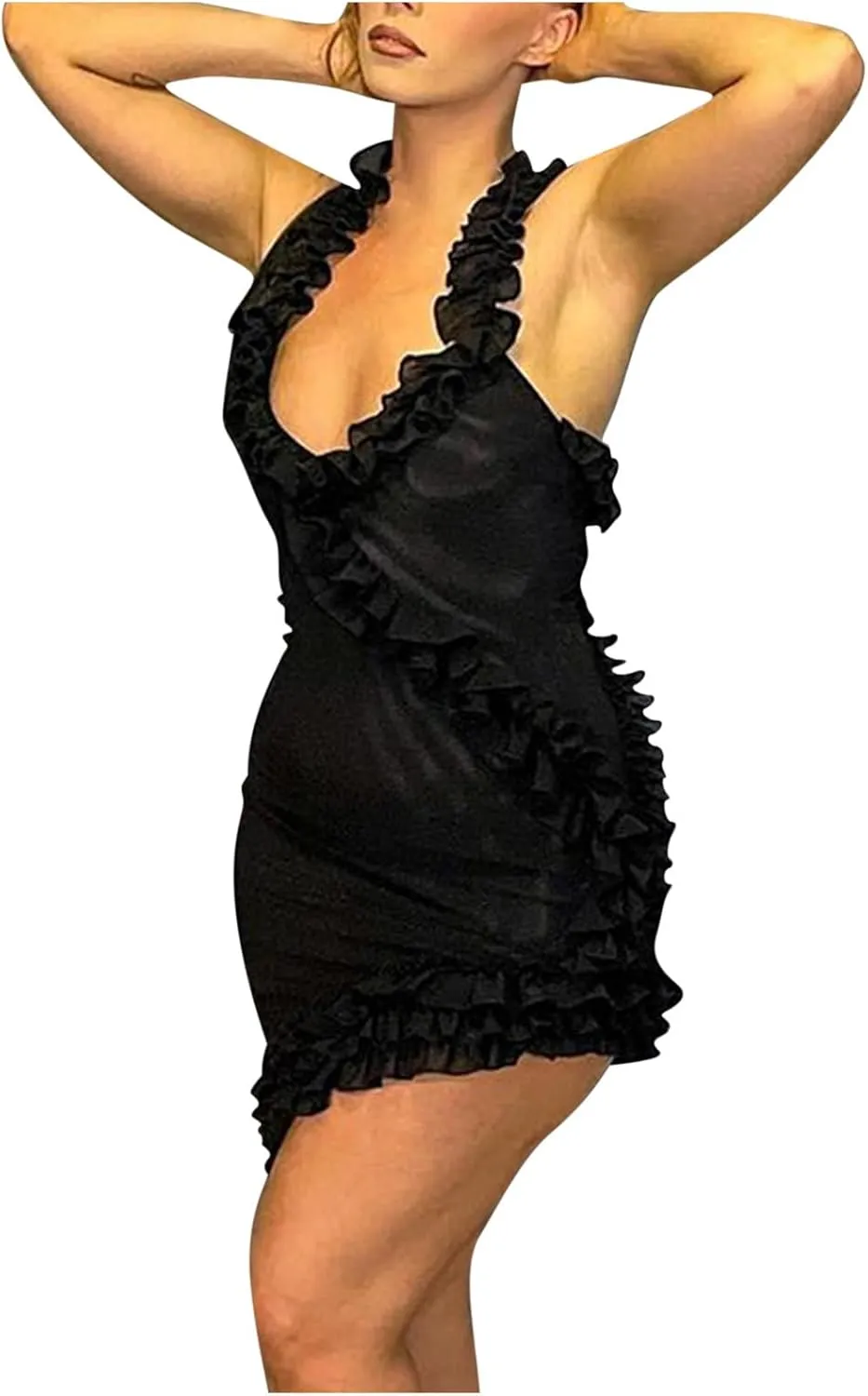 Women's Sexy Club Dress Halter Deep V-Neck Sleeveless Ruffle Trim Stretch Bodycon Dress Irregular Hem Mini Dresses