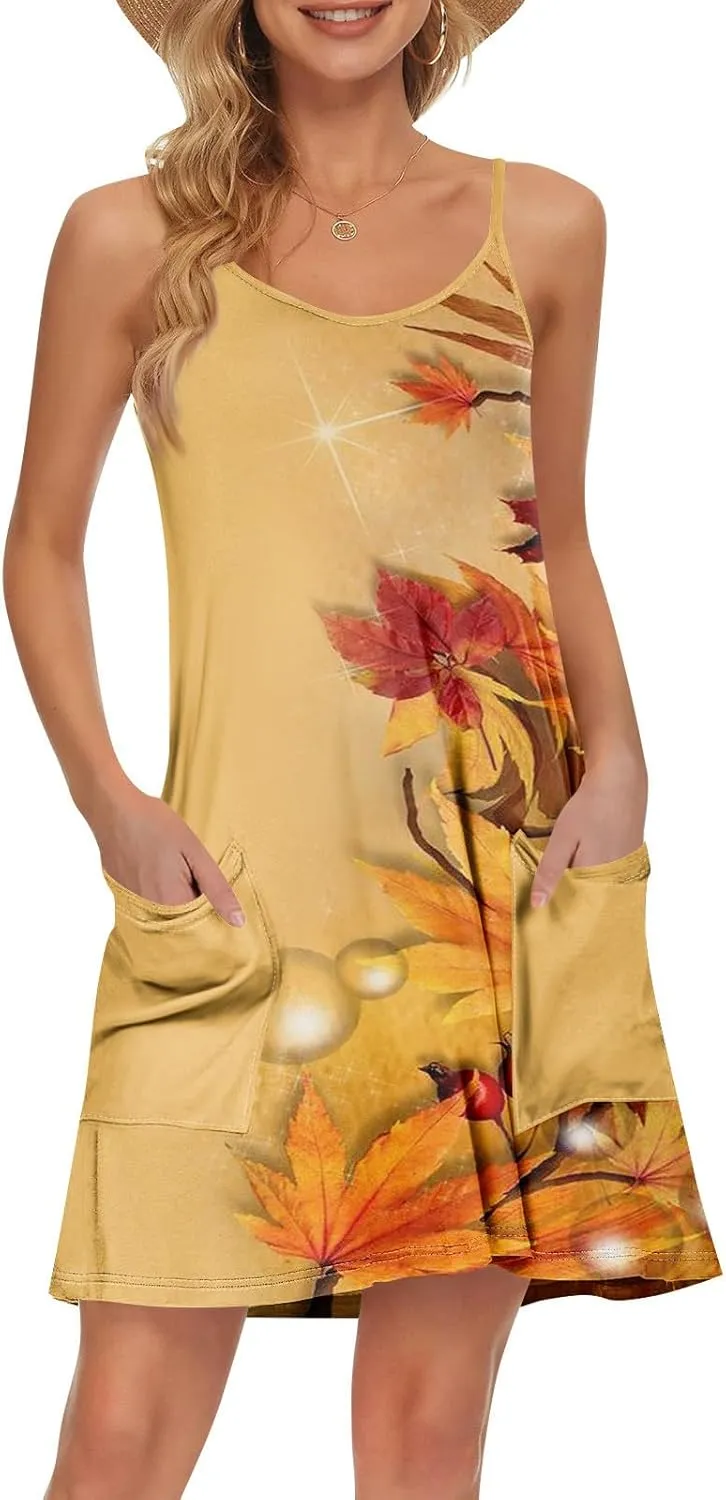 Women's Spaghetti Strap Dress Summer Floral Print Sleeveless Sundress Casual Vacation Beach Dresses with Pockets