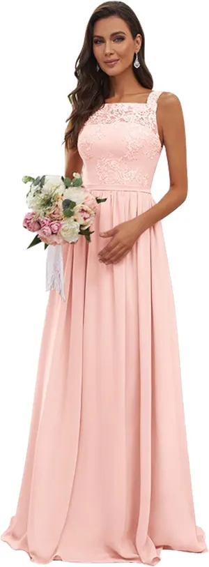 Women's Square Neck Chiffon Lace Bridesmaid Dresses for Wedding A Line Ruched Long Formal Evening Dresses