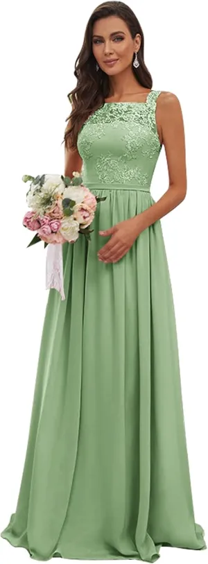 Women's Square Neck Chiffon Lace Bridesmaid Dresses for Wedding A Line Ruched Long Formal Evening Dresses